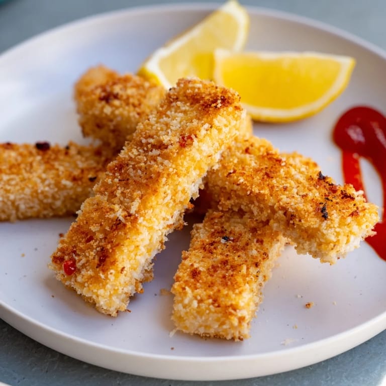 Crispy Panko Halloumi is served hot from the skillet, golden and crunchy, with bright lemon wedges and a side of hot sauce for dipping.