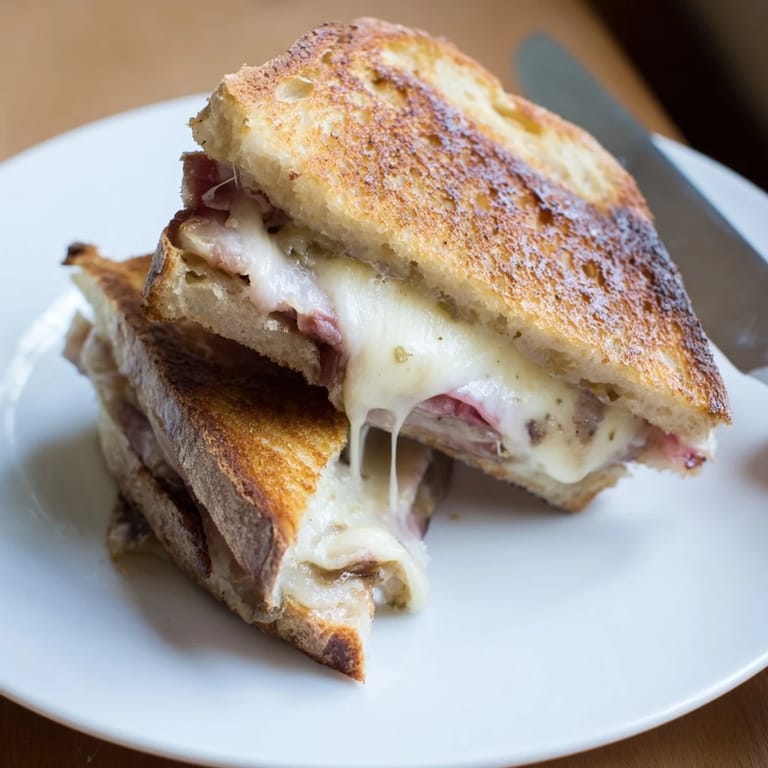 Close-up of a pressed Crispy Prosciutto & Fig Panini with crispy crust and melty cheese.
