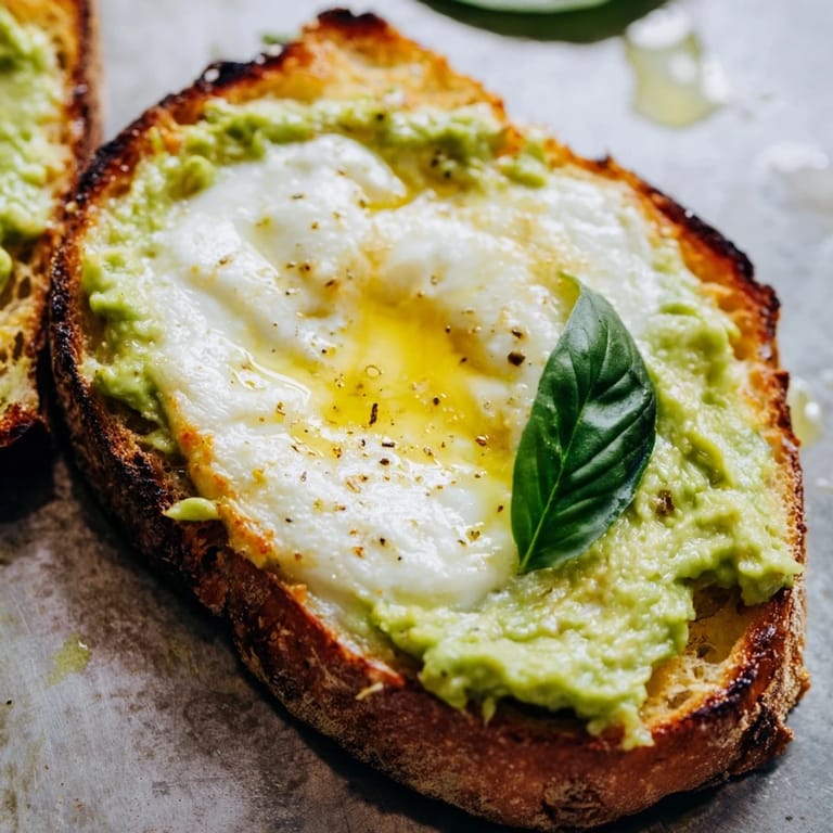 Rustic country bread holds a hearty layer of smashed avocado and gooey mozzarella, ideal for a quick vegetarian lunch.