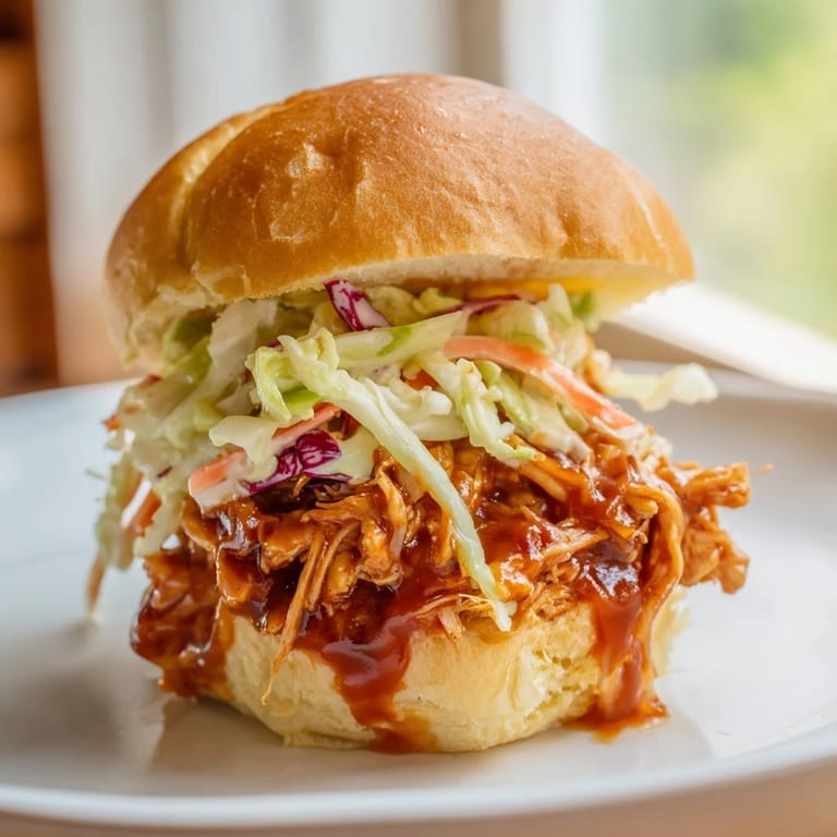 Golden toasted mini buns hold tender BBQ chicken and tangy slaw, ready for a game day spread or casual dinner.  
