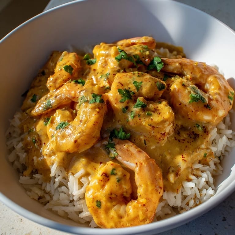 Plump, spicy Cajun shrimp swim in a velvety cream sauce spooned over fluffy jasmine rice in a rustic bowl.