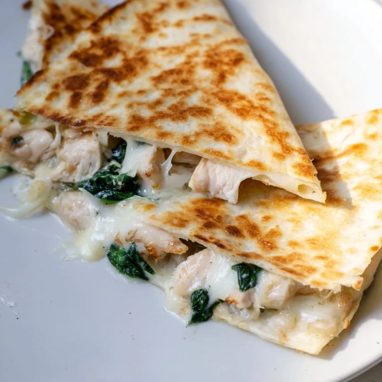 Close-up of a warm Chicken and Spinach Quesadilla sliced to reveal juicy chicken, wilted spinach, and gooey cheese filling.
