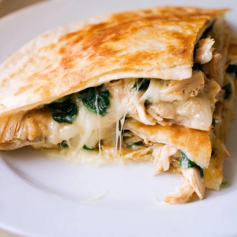 A freshly grilled Chicken and Spinach Quesadilla on a rustic plate, garnished with fresh cilantro and a dollop of sour cream.