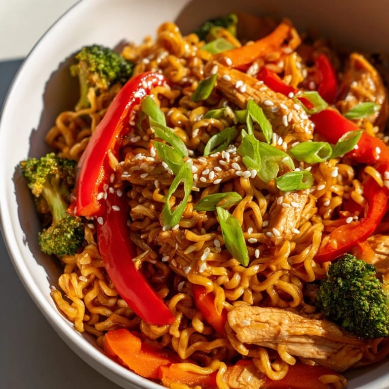Close-up macro shot highlighting the texture of spicy noodles, julienned carrots, and juicy chicken in this quick, weeknight fusion dinner.