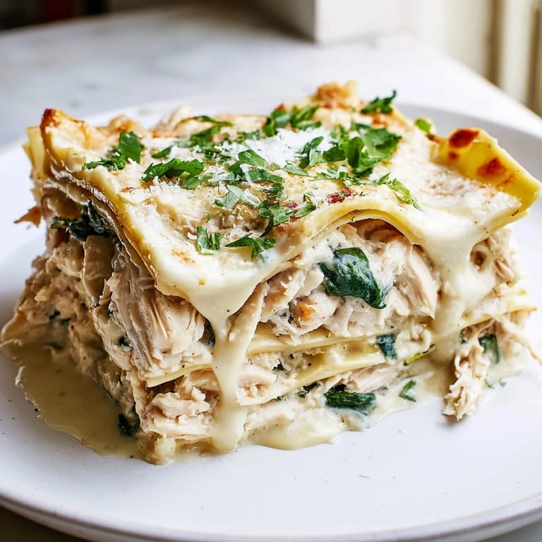 Rustic white dish of Chicken Alfredo Lasagna garnished with parsley, ready to serve with a side salad.