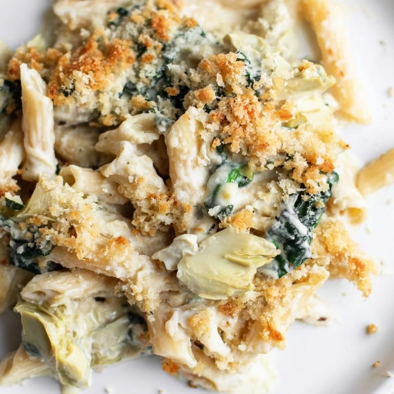 Freshly baked Artichoke Pasta Bake served in a dish, showcasing creamy texture and garnished with herbs alongside a crisp green salad.