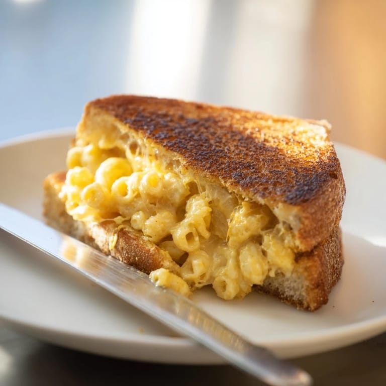 Freshly cooked macaroni and melted cheddar cheese spill from the crispy, buttery crust of a homemade Mac & Cheese Grilled Cheese sandwich.