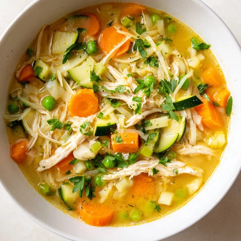 Spring Garden Chicken Soup, a light broth with zucchini and fresh parsley garnish, perfect for a comforting meal.