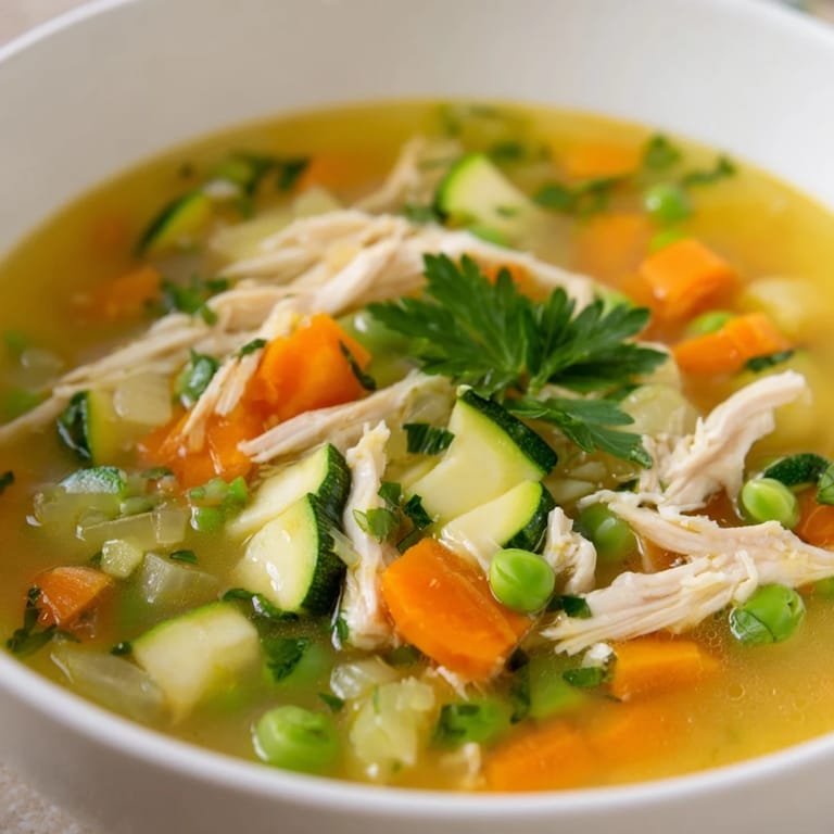 Ladle serving of Spring Garden Chicken Soup, bright with lemon, herbs, and colorful spring vegetables in a rustic bowl.