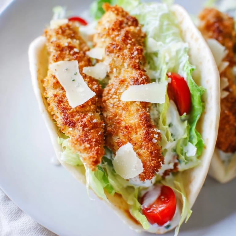 A close-up of golden-brown herbed chicken nestled in fluffy pita pockets with shaved Parmesan and bright cherry tomatoes.  
