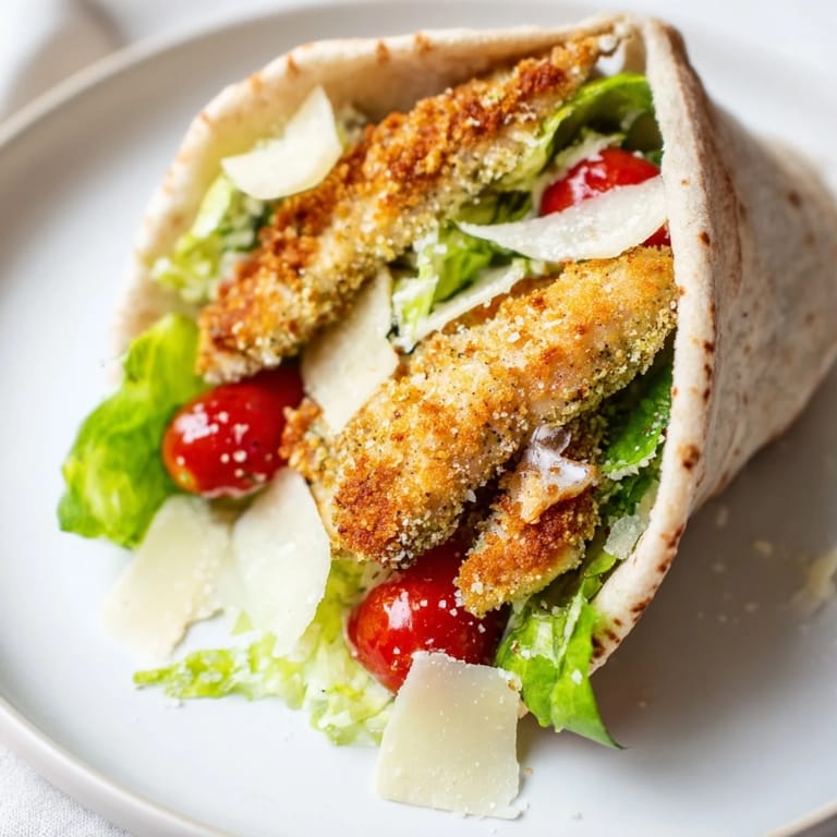 Hearty Crispy Herbed Chicken Caesar Pitas overflowing with crisp greens, juicy chicken strips, and a tangy Caesar dressing.