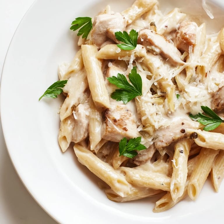 A close-up of tender penne tossed with sliced roasted chicken in a velvety garlic cream sauce.