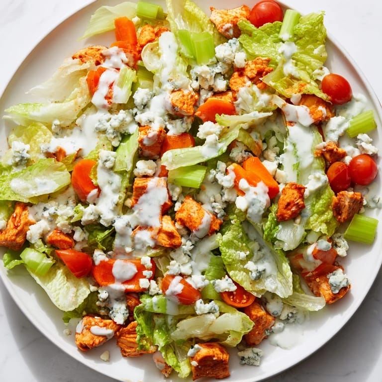 A hearty Buffalo Chicken Chopped Salad with juicy hot sauce chicken and colorful veggies ready to eat.