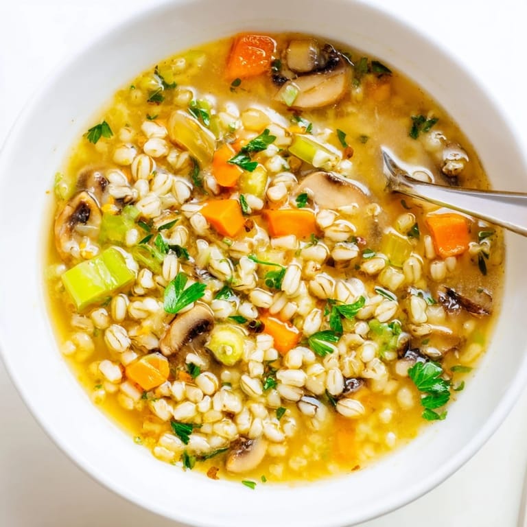 Close-up of rich Mushroom and Barley Soup, with sliced cremini mushrooms, diced carrots, and a bright squeeze of lemon.