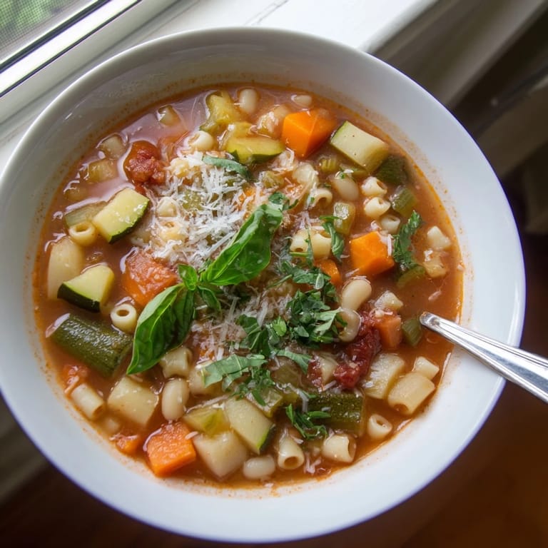Hearty Italian Minestrone Vegetable Soup in a rustic pot, featuring pasta, zucchini, and green beans for a comforting meal.