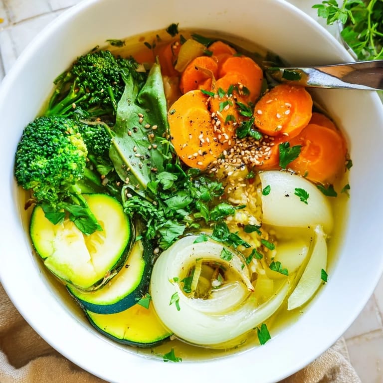 Serving suggestion for the anti-inflammatory Collagen-Boosting Broth Bowl, garnished with fresh parsley, sesame seeds, and a lemon wedge.  