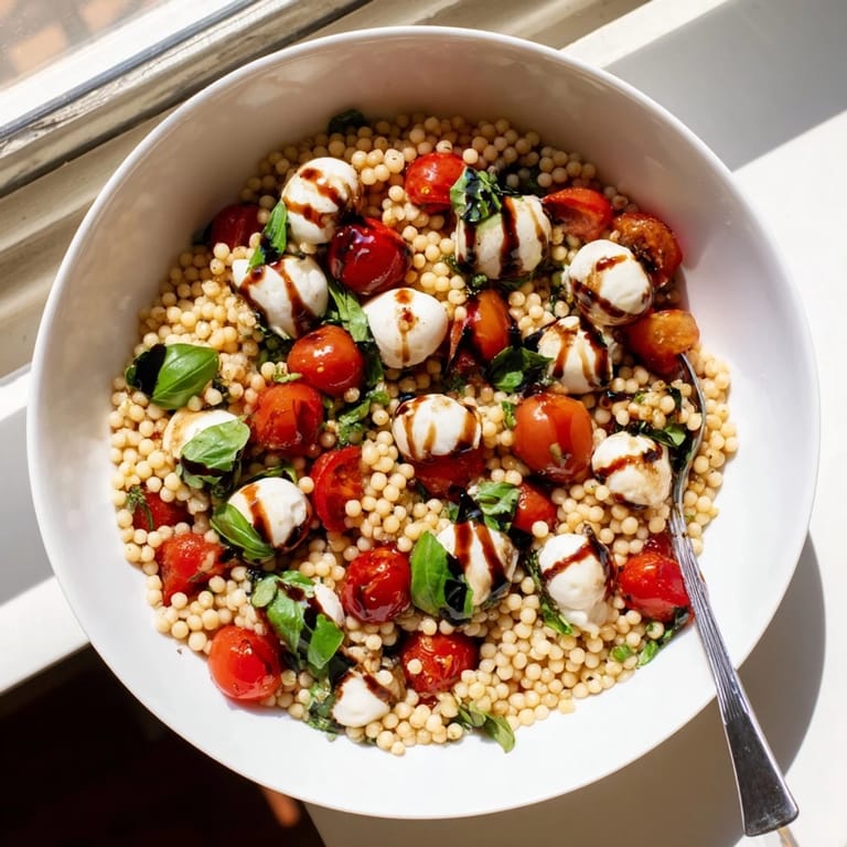 Hearty pearled couscous mingles with juicy tomatoes, fresh basil, and mozzarella in a simple Caprese Couscous Salad, ideal for a quick summer lunch or potluck.