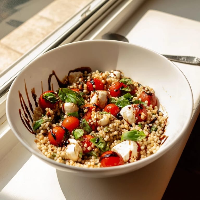 A vibrant bowl of Caprese Couscous Salad features glistening couscous pearls, halved cherry tomatoes, and torn basil leaves, all tossed in a tangy balsamic glaze.