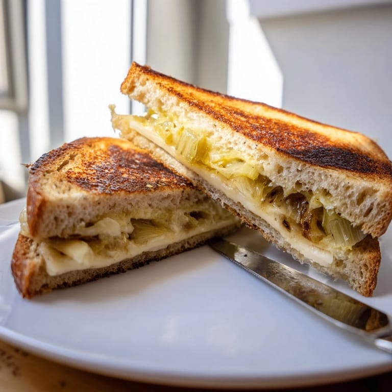 Close-up of a crispy Havarti & Caramelized Leek Grilled Cheese sandwich with buttery sourdough and gooey, melted cheese.  