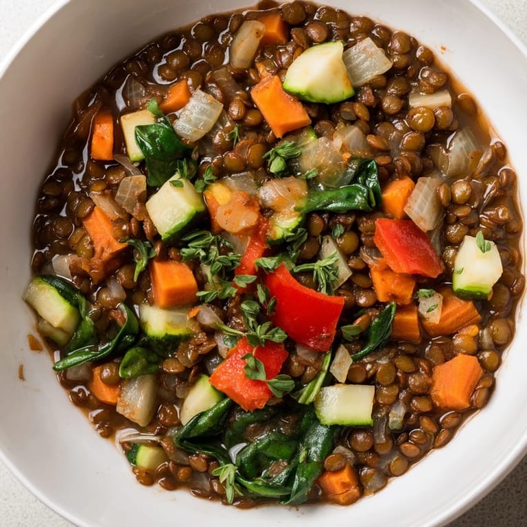 An overhead shot of hearty Lentil and Vegetable Soup in a white bowl, showcasing vibrant vegetables like red bell pepper and zucchini in the savory broth.