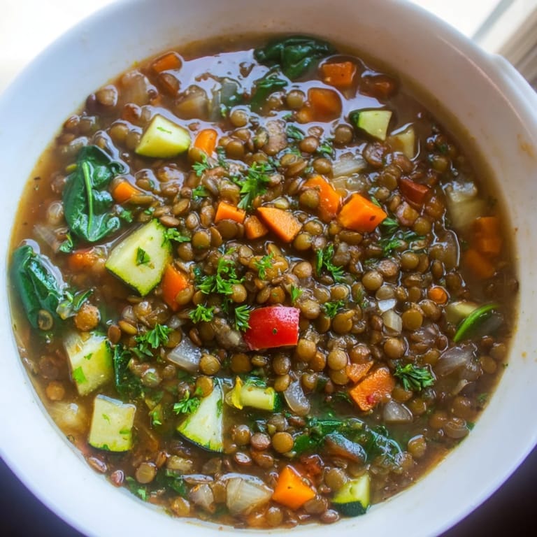 A rustic pot of Lentil and Vegetable Soup on a wooden table, garnished with fresh parsley and served with a lemon wedge on the side for brightness.  