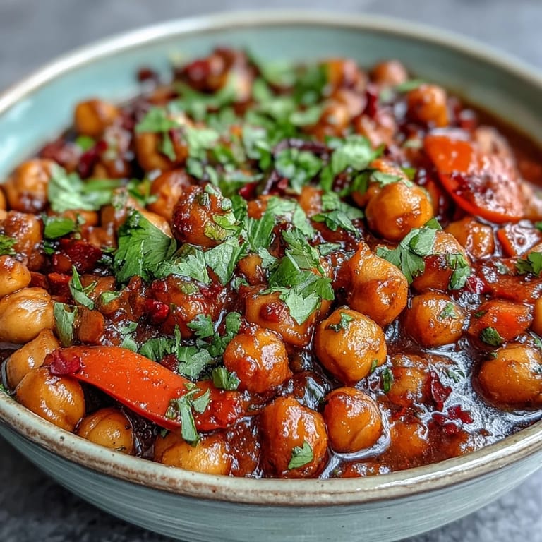 A savory Spicy Chickpea Stew simmering in a pot, featuring chickpeas, diced carrots, and red bell peppers.