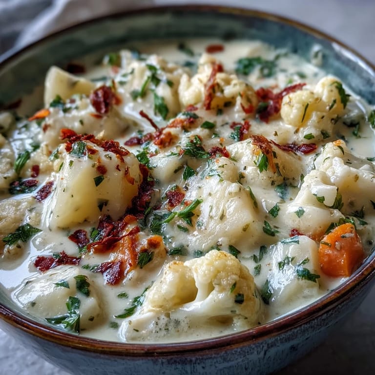 Hearty vegetarian cauliflower chowder ladled into a cozy bowl, paired with crusty bread for a comforting, satisfying dinner.