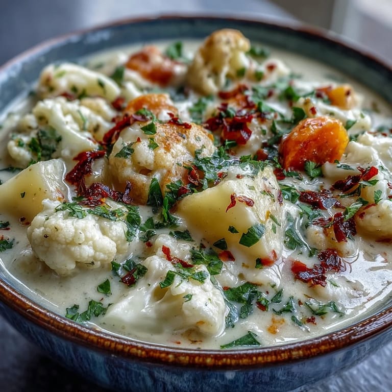 Tender cauliflower florets and diced potatoes swim in a velvety, aromatic chowder with a sprinkle of paprika and herbs.