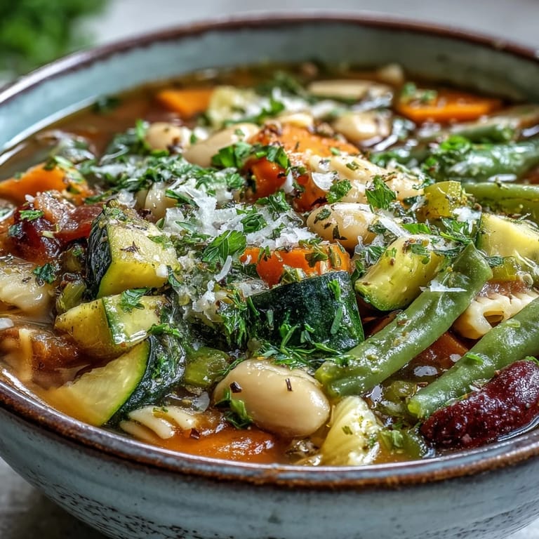 Freshly prepared Minestrone Vegetable Soup in a white bowl, showcasing tender beans, ditalini pasta, and wilted spinach.