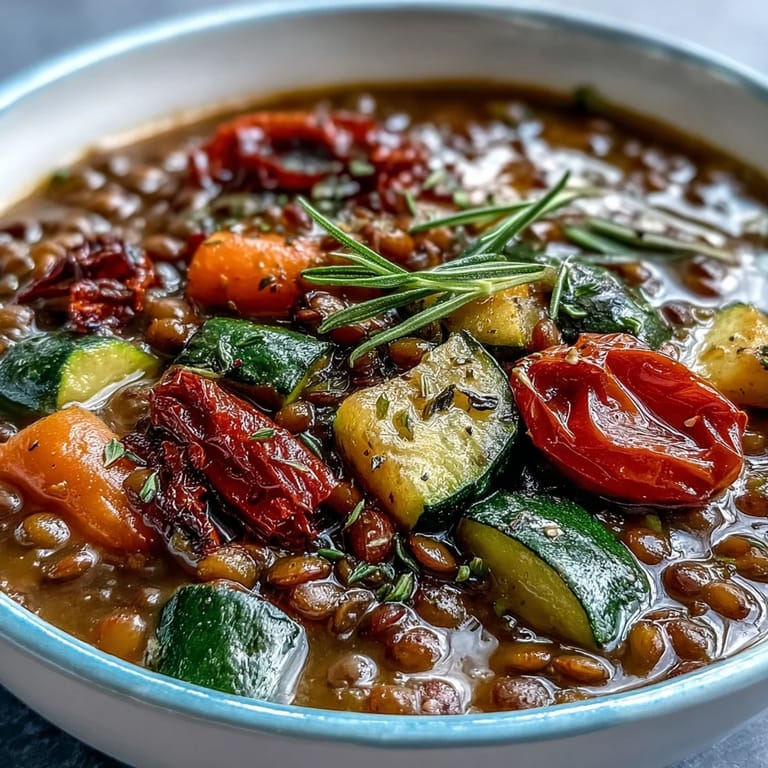 Comforting Lentil and Vegetable Soup simmering in a pot, featuring red lentils and a colorful medley of diced vegetables.