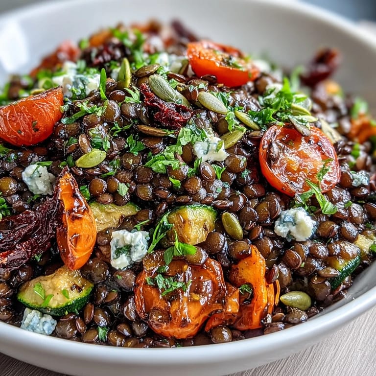 A bowl of Mediterranean black lentil salad topped with feta, cherry tomatoes, and seeds.