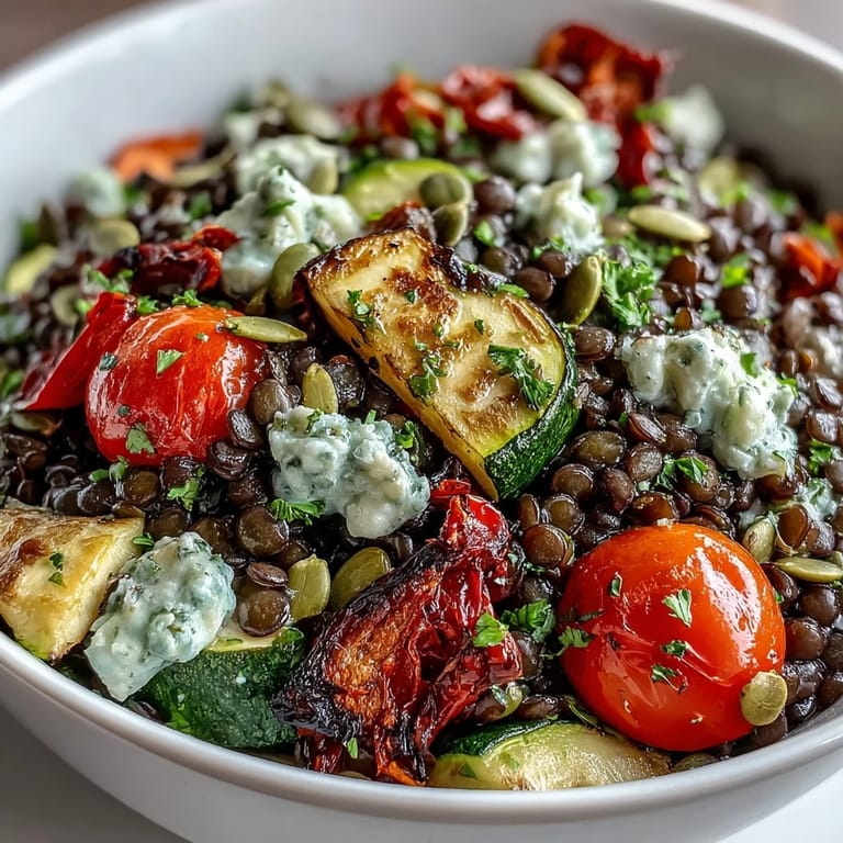 Wholesome black lentil salad with roasted vegetables served on a white plate, perfect for dinner.