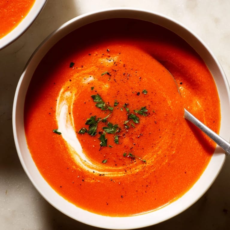 Roasted red pepper soup simmering in a pot, showing charred pepper skins and caramelized garlic for depth.  