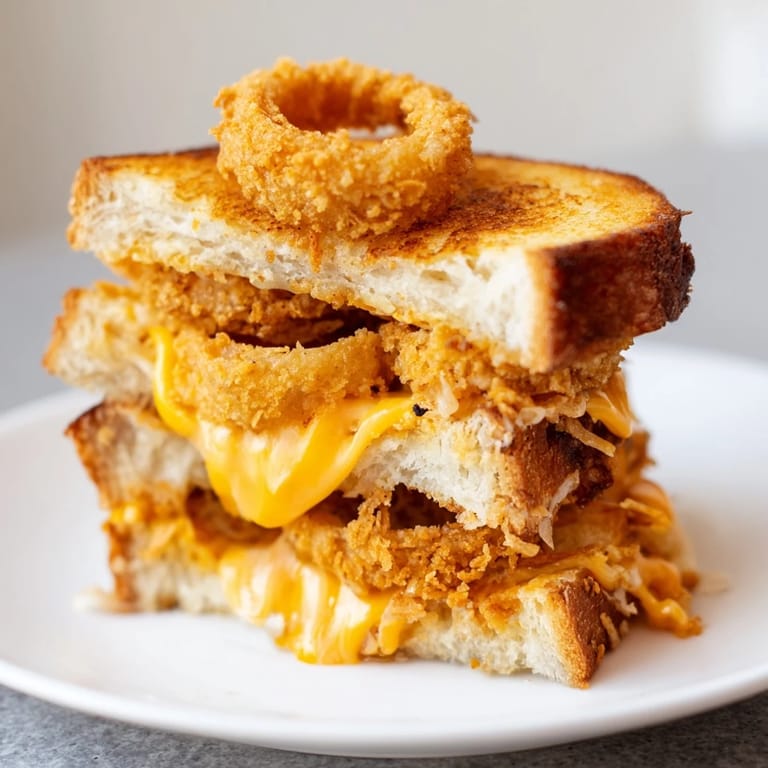 This hearty Crispy Onion Grilled Cheese is served hot alongside a creamy bowl of tomato soup, perfect for a comforting American lunch.