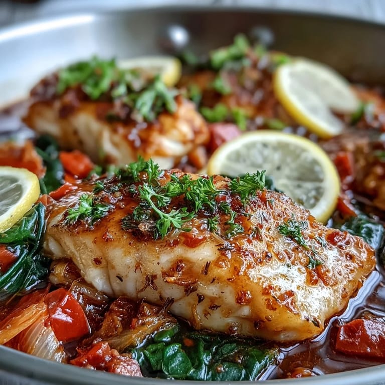 Fork-tender flaky cod nestled in a warm, aromatic tomato broth with lemon slices and fresh cilantro garnish.