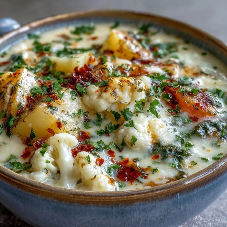 Hearty Vegetarian Cauliflower Chowder featuring tender potatoes and carrots, garnished with fresh parsley.