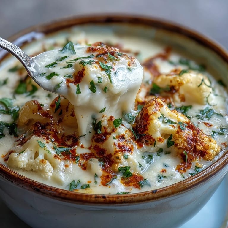 Steamy bowl of Vegetarian Cauliflower Chowder, topped with extra cheese and red pepper flakes.