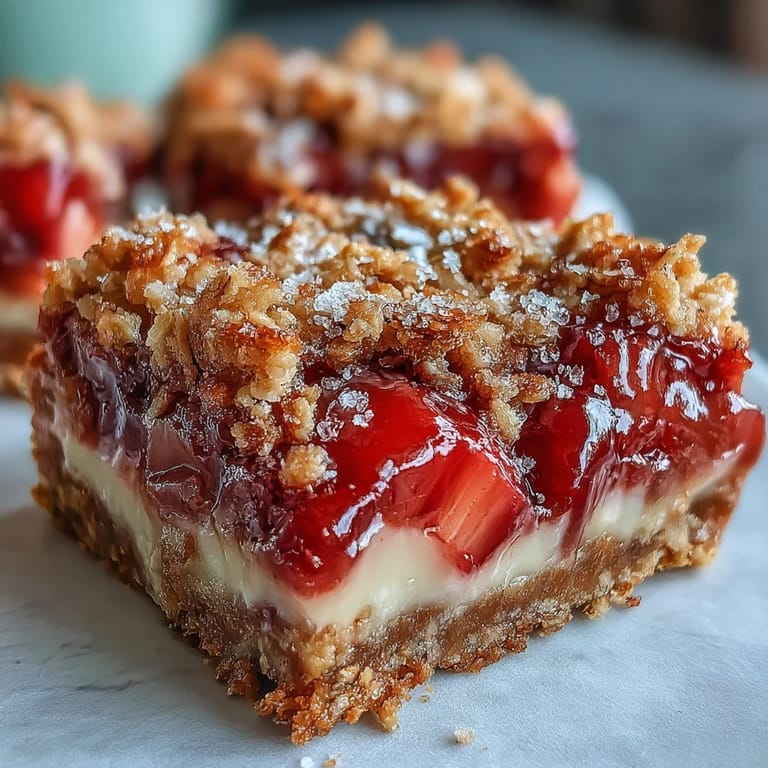 A single Rhubarb and Custard Crumble Bar is lifted to reveal layers of shortbread base, tangy fruit, and creamy vanilla custard.