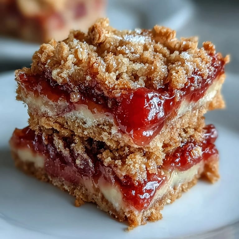 Stacked on a ceramic plate, Rhubarb and Custard Crumble Bars are ready for an afternoon tea dessert with a fork nearby.