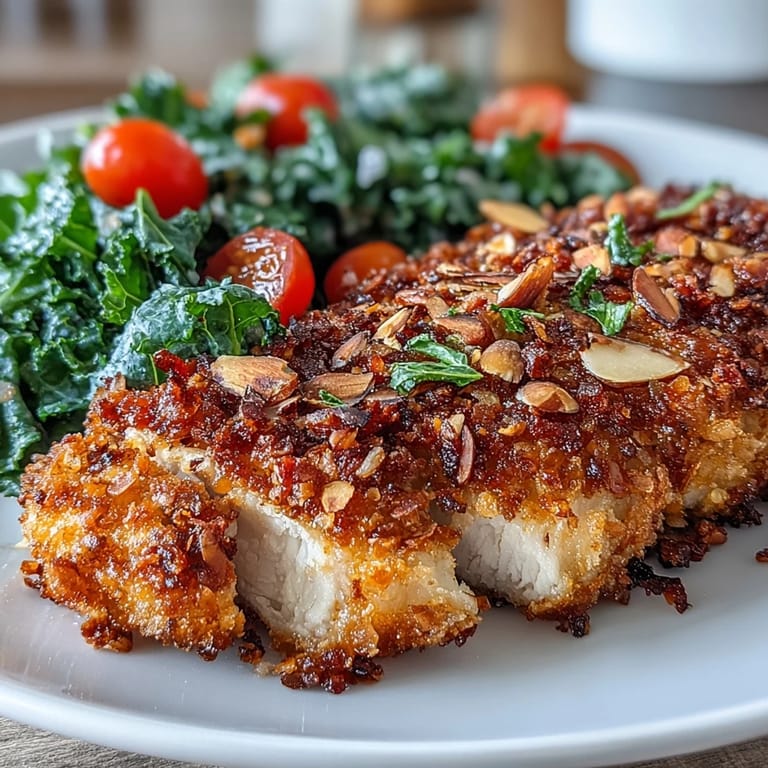 Close-up of crispy almond parmesan coated chicken served with fresh kale salad featuring red onion and toasted almonds.