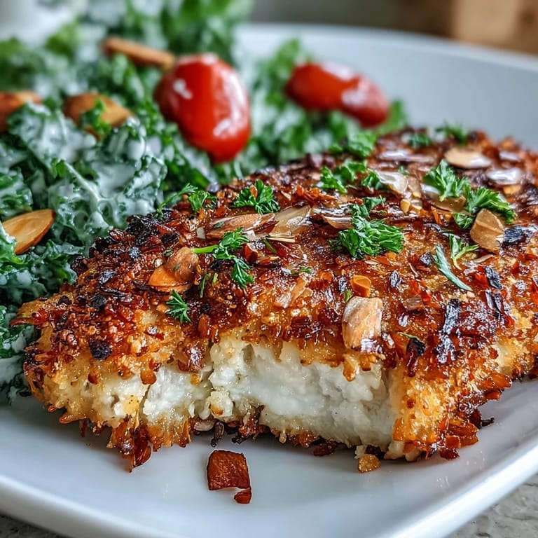 Sizzling almond-crusted chicken fresh from the oven, plated with a colorful kale and sumac salad for a gluten-free dinner.