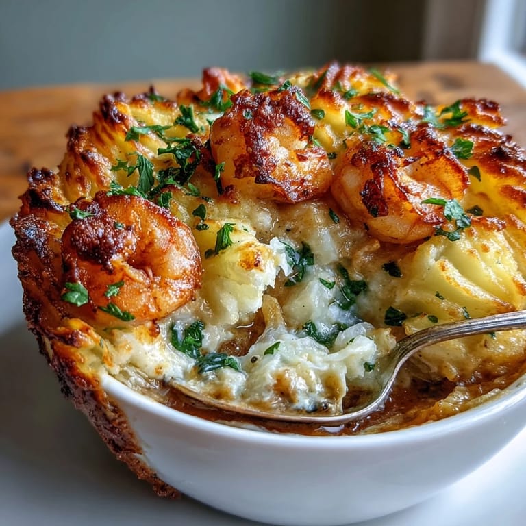 A slice of curried fish pie lifted with a spoon, revealing tender chunks of fish and shrimp in yellow curry sauce.