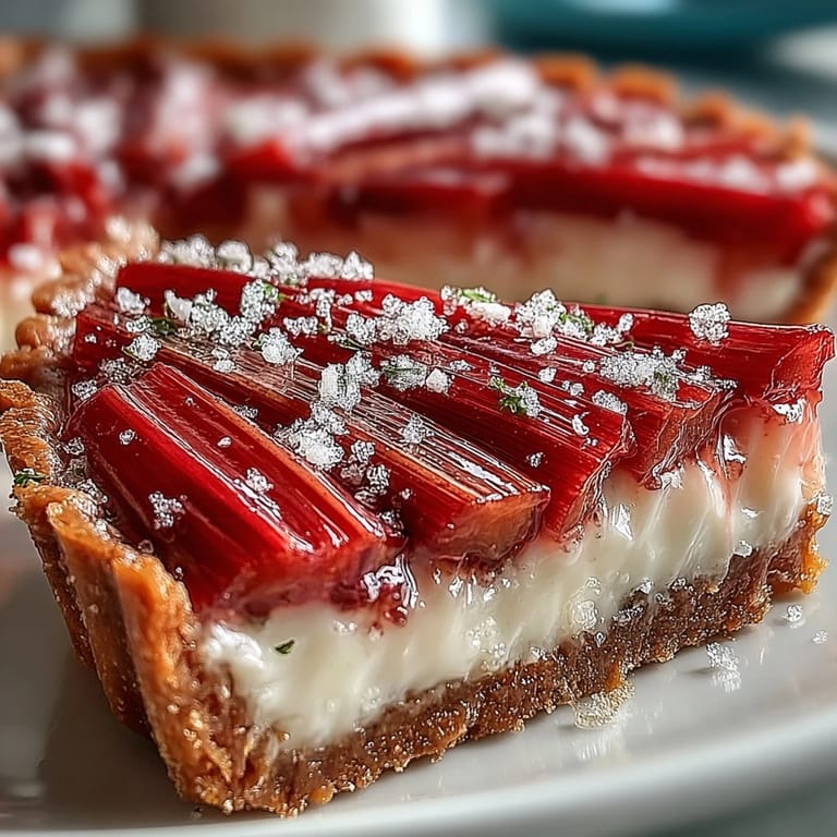 Glossy roasted rhubarb slices arranged on a slice of Rhubarb, White Chocolate, and Elderflower Tart.