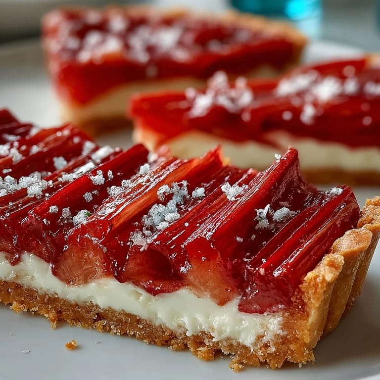 Freshly assembled Rhubarb, White Chocolate, and Elderflower Tart on a ceramic platter ready for spring.