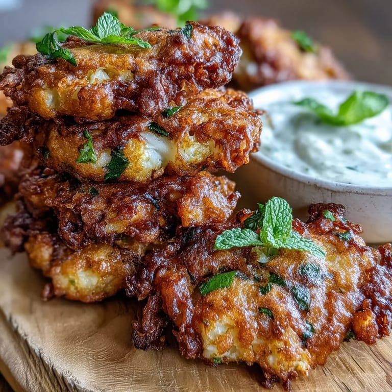 The spiced cauliflower bhajis are served hot and ready for a delicious appetizer.