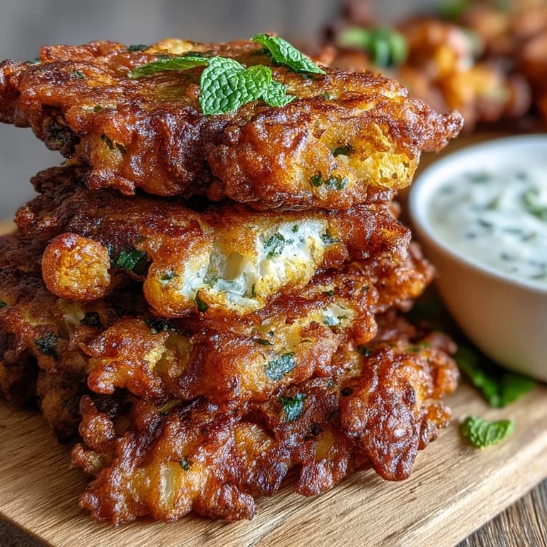 Fresh Cauliflower Bhajis paired with a creamy yogurt dip for a flavorful snack.