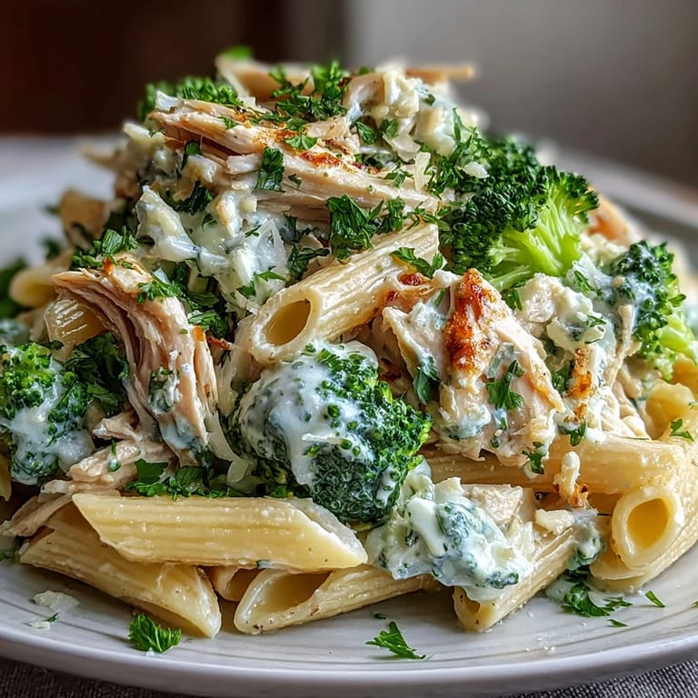 Creamy garlic lemon sauce coats whole-wheat penne with tender broccoli and rotisserie chicken in a high protein dinner recipe, served in a white bowl with extra Parmesan.
