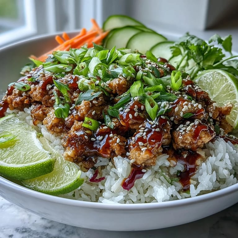 Sizzling ground turkey coated in tangy bang bang sauce served over rice with sesame seeds.