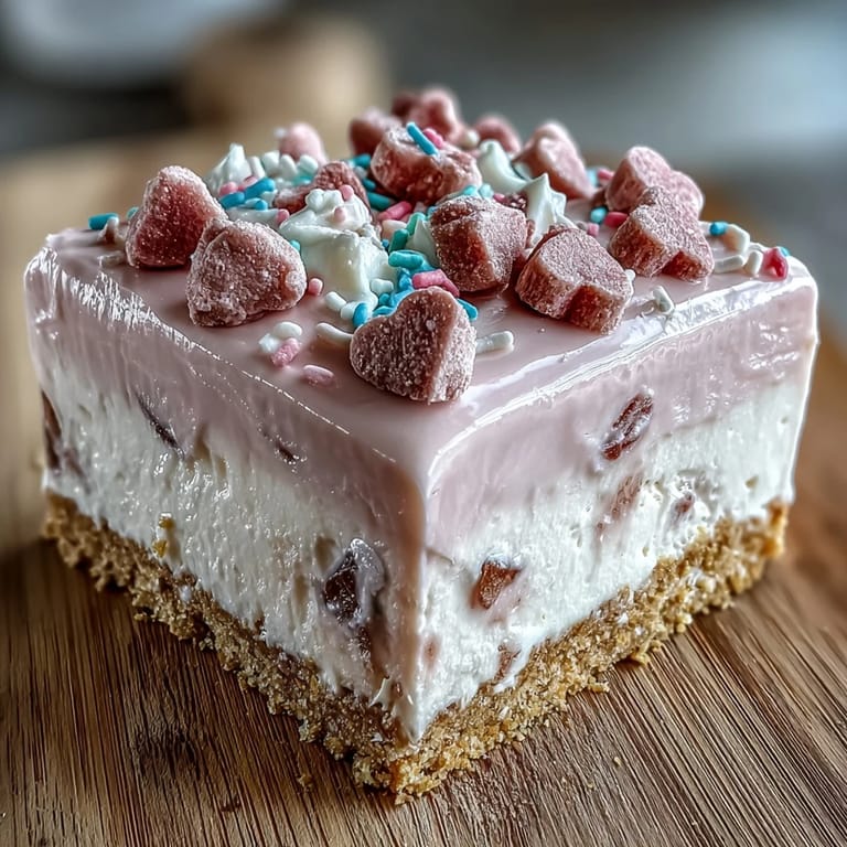 Sliced Candy Hearts Fake Cake reveals whipped frosting, candy hearts, and a graham cracker base.