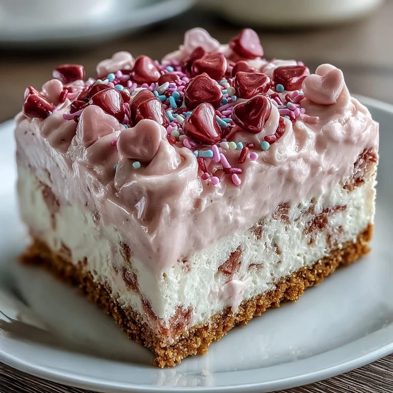 Candy Hearts Fake Cake topped with pastel hearts and rainbow sprinkles on a white plate.